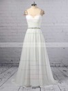 A-line V-neck Chiffon Sweep Train Beading Wedding Dresses #DOB00023441