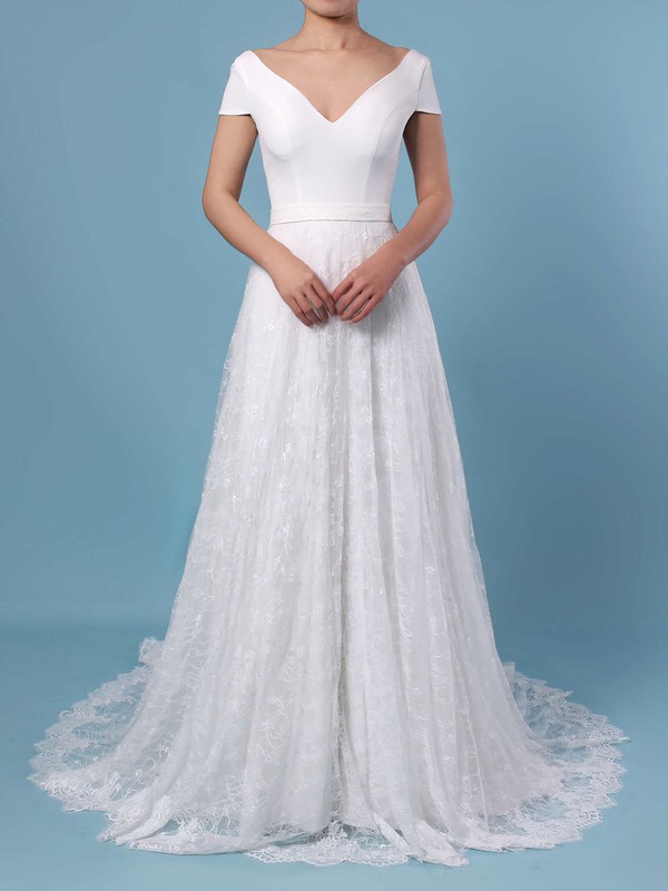 A-line Scoop Neck Lace Sweep Train Sashes / Ribbons Wedding Dresses #DOB00023448