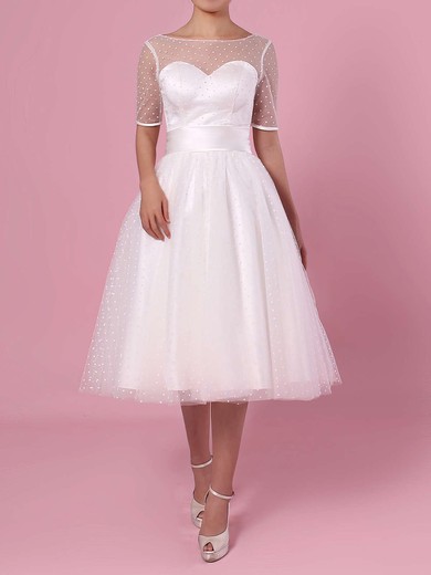 Princess Scoop Neck Tulle Tea-length Bow Wedding Dresses #DOB00023451
