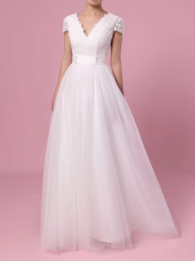 A-line V-neck Lace Tulle Sweep Train Sashes / Ribbons Wedding Dresses #DOB00023453