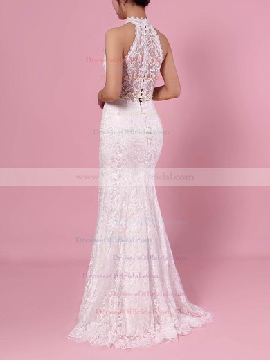 Sheath/Column High Neck Lace Floor-length Lace Wedding Dresses #DOB00023454