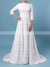 A-line Scoop Neck Satin Sweep Train Sashes / Ribbons Wedding Dresses #DOB00023461