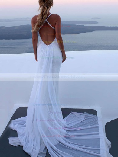 Trumpet/Mermaid V-neck Watteau Train Lace Sequined Appliques Lace Wedding Dresses #DOB00023467