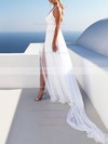 A-line V-neck Sweep Train Chiffon Appliques Lace Wedding Dresses #DOB00023475