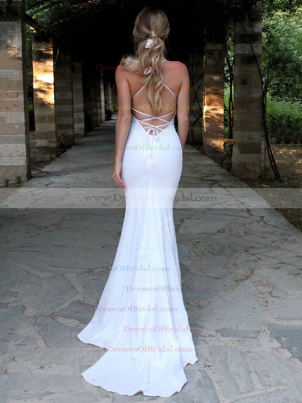 Trumpet/Mermaid V-neck Sweep Train Sequined Appliques Lace Wedding Dresses #DOB00023477