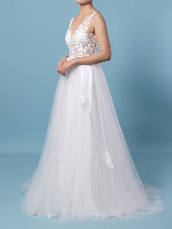 Tulle A-line V-neck Floor-length Appliques Lace Wedding Dresses #DOB00023352