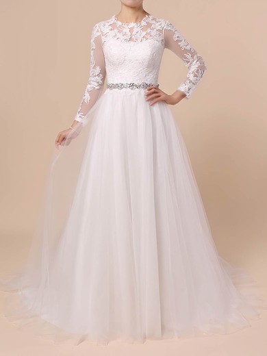 Tulle Ball Gown Scoop Neck Sweep Train Appliques Lace Wedding Dresses #DOB00023354