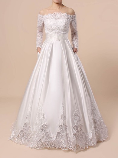 Lace Satin Ball Gown Off-the-shoulder Floor-length Beading Wedding Dresses #DOB00023376