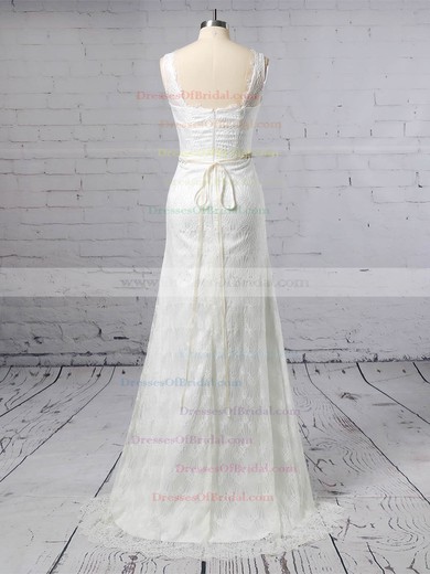 Lace Trumpet/Mermaid V-neck Sweep Train Sashes / Ribbons Wedding Dresses #DOB00023378