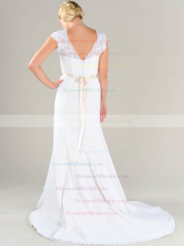 Scalloped Sheath/Column Court Train Lace Sashes/Ribbons Wedding Dresses #DOB00020479