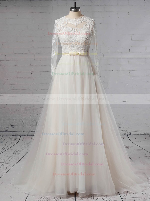 Tulle Princess Scoop Neck Sweep Train Appliques Lace Wedding Dresses #DOB00023382