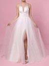 Tulle A-line Scoop Neck Sweep Train Beading Wedding Dresses #DOB00023384