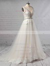 Tulle Princess V-neck Sweep Train Beading Wedding Dresses #DOB00023386