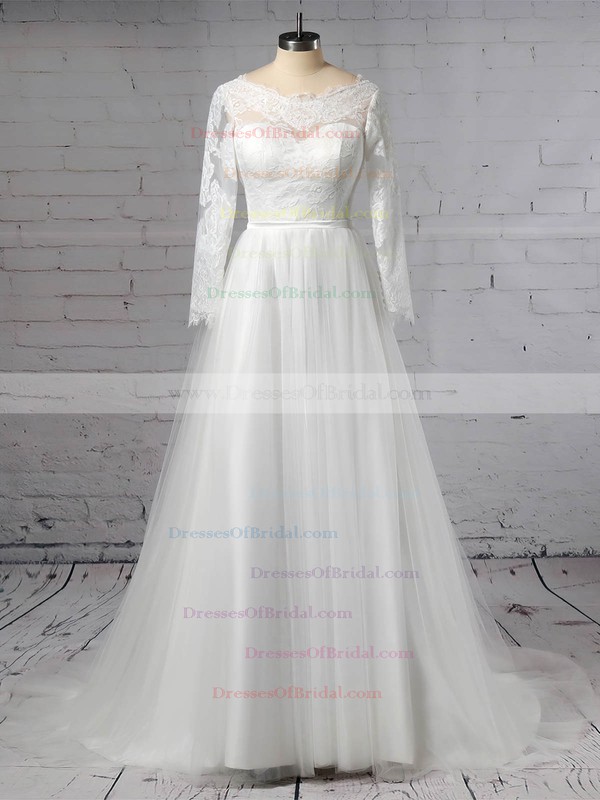 Lace Tulle A-line Scoop Neck Sweep Train Appliques Lace Wedding Dresses #DOB00023402