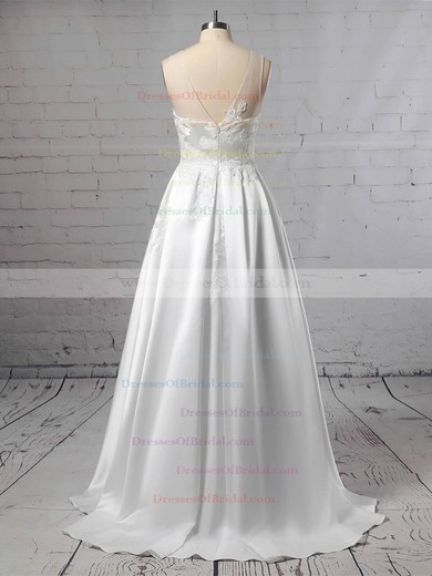 Satin Tulle Princess Scoop Neck Sweep Train Appliques Lace Wedding Dresses #DOB00023420