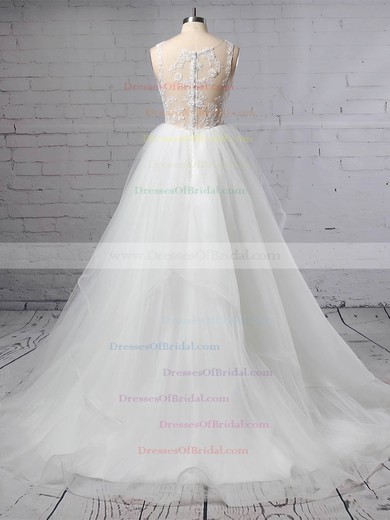 Lace Tulle Princess V-neck Sweep Train Cascading Ruffles Wedding Dresses #DOB00023422