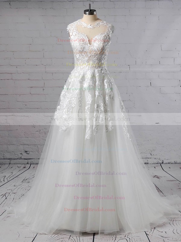 Tulle A-line Scoop Neck Sweep Train Appliques Lace Wedding Dresses #DOB00023431