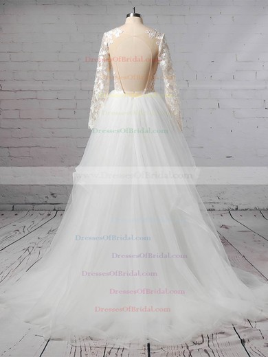 Organza Tulle Ball Gown V-neck Sweep Train Cascading Ruffles Wedding Dresses #DOB00023436