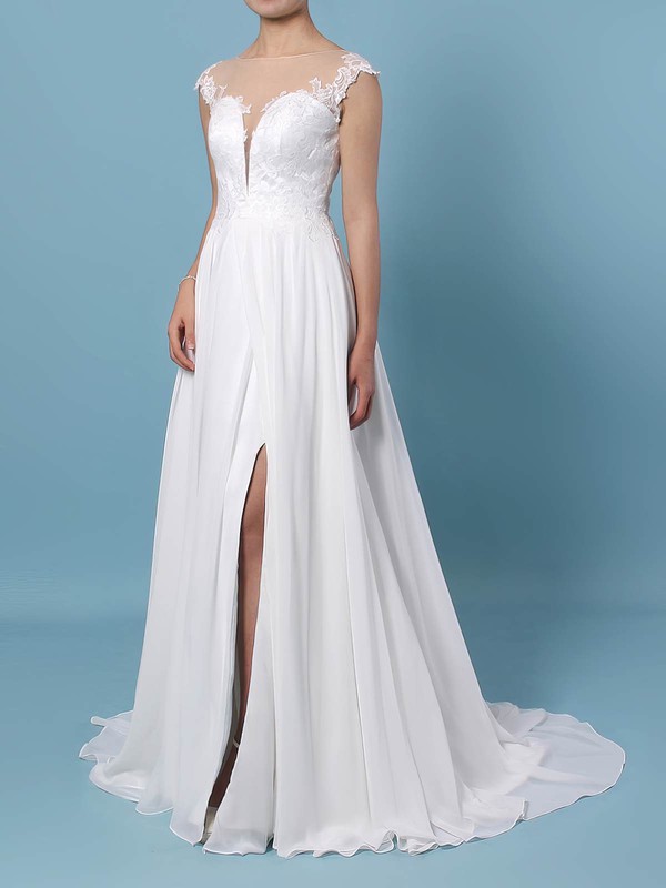 Chiffon Tulle A-line Scoop Neck Sweep Train Lace Wedding Dresses #DOB00023440