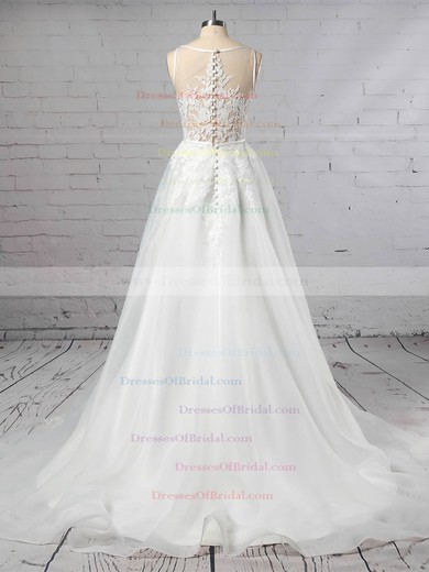 Organza Tulle A-line V-neck Sweep Train Appliques Lace Wedding Dresses #DOB00023442
