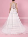 Organza Tulle A-line V-neck Sweep Train Appliques Lace Wedding Dresses #DOB00023442