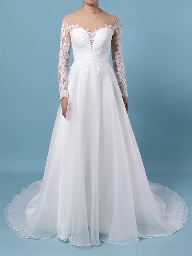 Organza Tulle A-line Scoop Neck Sweep Train Appliques Lace Wedding Dresses #DOB00023444