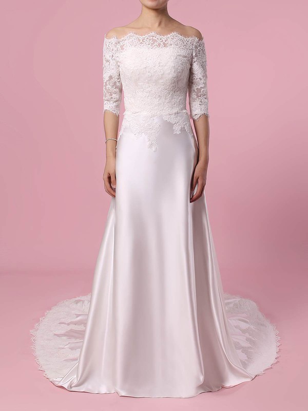 Lace Satin Sheath/Column Off-the-shoulder Sweep Train Appliques Lace Wedding Dresses #DOB00023445