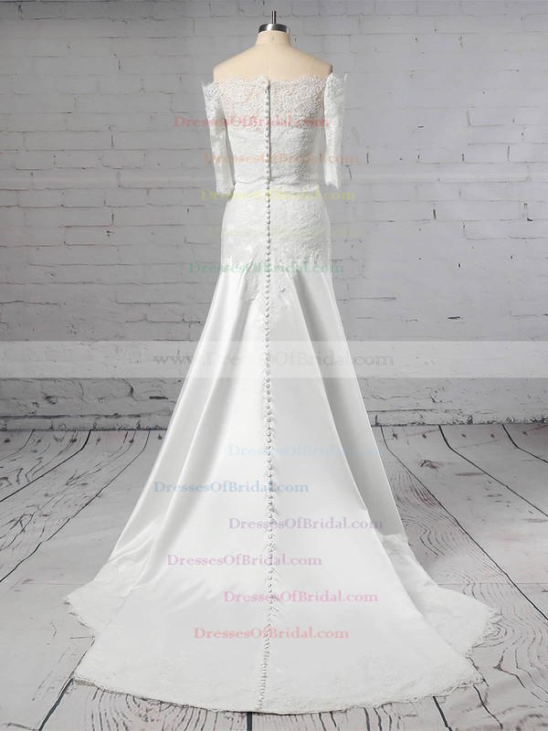 Lace Satin Sheath/Column Off-the-shoulder Sweep Train Appliques Lace Wedding Dresses #DOB00023445