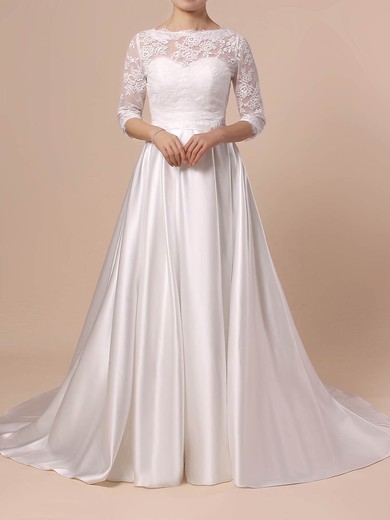 Lace Satin Ball Gown Scalloped Neck Sweep Train Sashes / Ribbons Wedding Dresses #DOB00023446