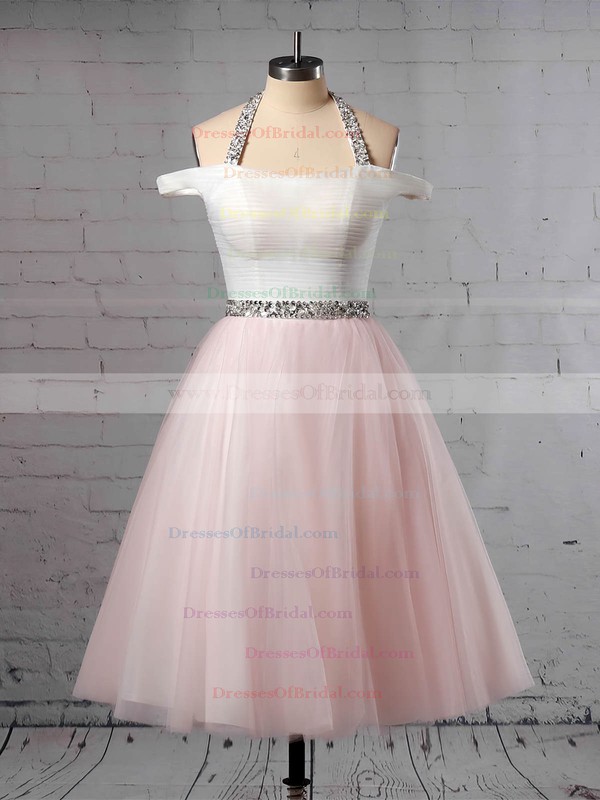 Tulle Ball Gown Halter Tea-length Beading Wedding Dresses #DOB00023450