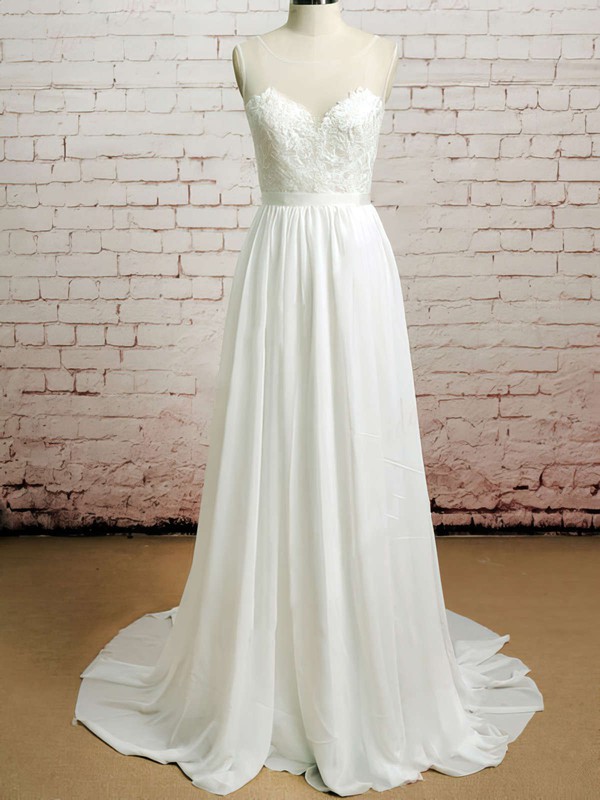Bateau A-line Court Train Chiffon Lace Wedding Dresses #DOB00020482