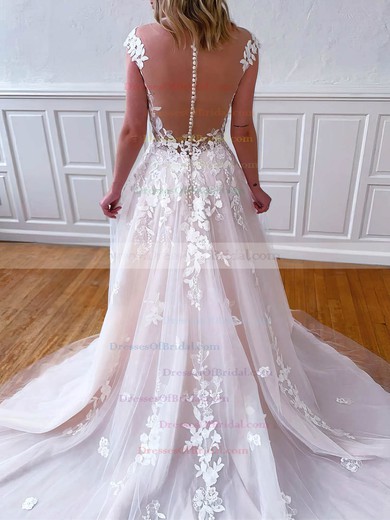 Tulle Ball Gown V-neck Sweep Train Appliques Lace Wedding Dresses #DOB00023542