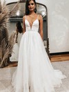 Satin Organza A-line V-neck Sweep Train Wedding Dresses #DOB00023544