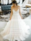 Lace Tulle Ball Gown V-neck Sweep Train Bow Wedding Dresses #DOB00023545