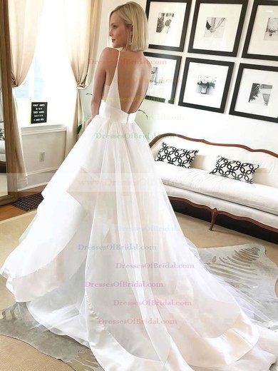 Satin Organza Ball Gown V-neck Sweep Train Wedding Dresses #DOB00023546