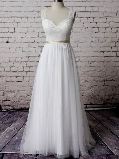 V-neck A-line Court Train Tulle Satin Lace Wedding Dresses #DOB00020483