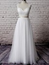 V-neck A-line Court Train Tulle Satin Lace Wedding Dresses #DOB00020483