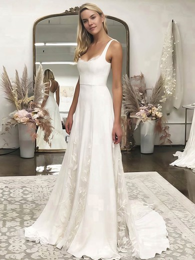 Tulle Stretch Crepe A-line Square Neckline Sweep Train Lace Wedding Dresses #DOB00023548
