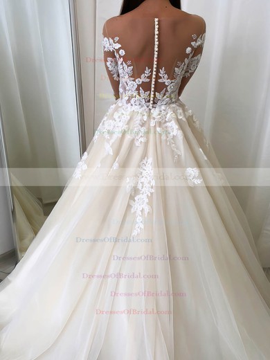 Tulle Ball Gown Scoop Neck Sweep Train Appliques Lace Wedding Dresses #DOB00023549