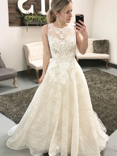 Lace Ball Gown Scoop Neck Sweep Train Appliques Lace Wedding Dresses #DOB00023550