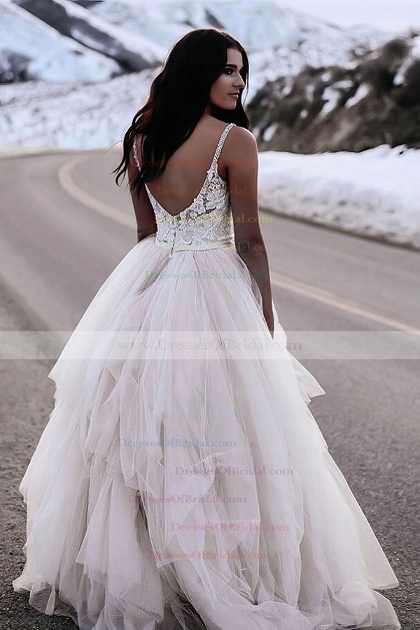 Tulle Ball Gown V-neck Floor-length Appliques Lace Wedding Dresses #DOB00023551