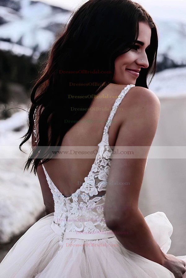 Tulle Ball Gown V-neck Floor-length Appliques Lace Wedding Dresses #DOB00023551