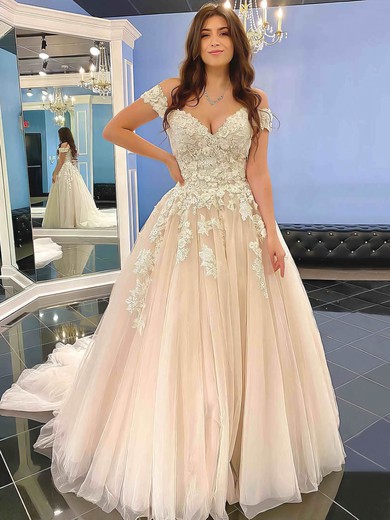 Tulle Ball Gown Off-the-shoulder Sweep Train Appliques Lace Wedding Dresses #DOB00023555