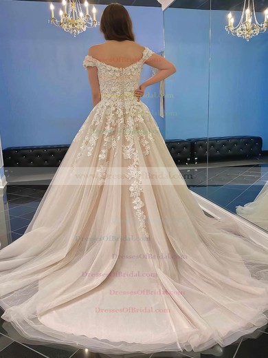 Tulle Ball Gown Off-the-shoulder Sweep Train Appliques Lace Wedding Dresses #DOB00023555