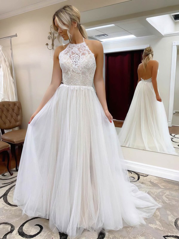 Tulle A-line Halter Sweep Train Lace Wedding Dresses #DOB00023556