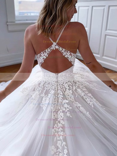 Tulle Princess V-neck Sweep Train Appliques Lace Wedding Dresses #DOB00023560