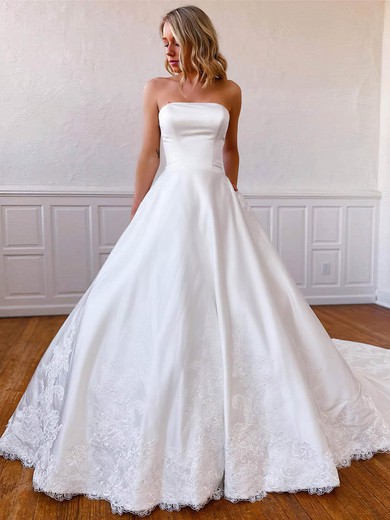 Satin Ball Gown Strapless Chapel Train Appliques Lace Wedding Dresses #DOB00023561
