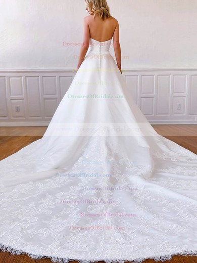 Satin Ball Gown Strapless Chapel Train Appliques Lace Wedding Dresses #DOB00023561