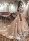 Tulle Ball Gown Off-the-shoulder Sweep Train Appliques Lace Wedding Dresses #DOB00023566