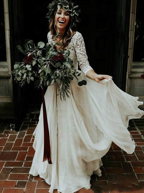 Lace Chiffon A-line V-neck Floor-length Lace Wedding Dresses #DOB00023573